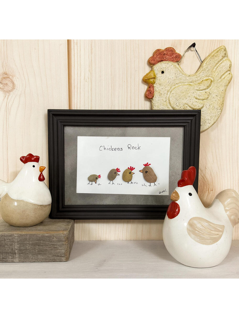 "Chickens Rock" Pebble Art by Mimi (5" x 7") Framed Wall Home Decor Gift Stone